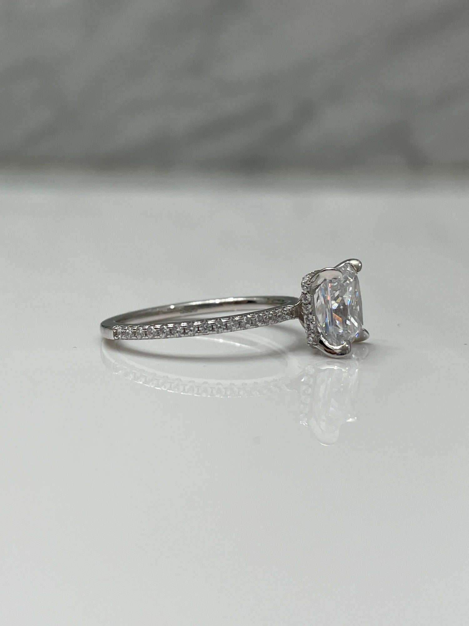 Sterling Silver Princess Cut Engagement Ring: 3CT Simulated Diamond Hidden Halo