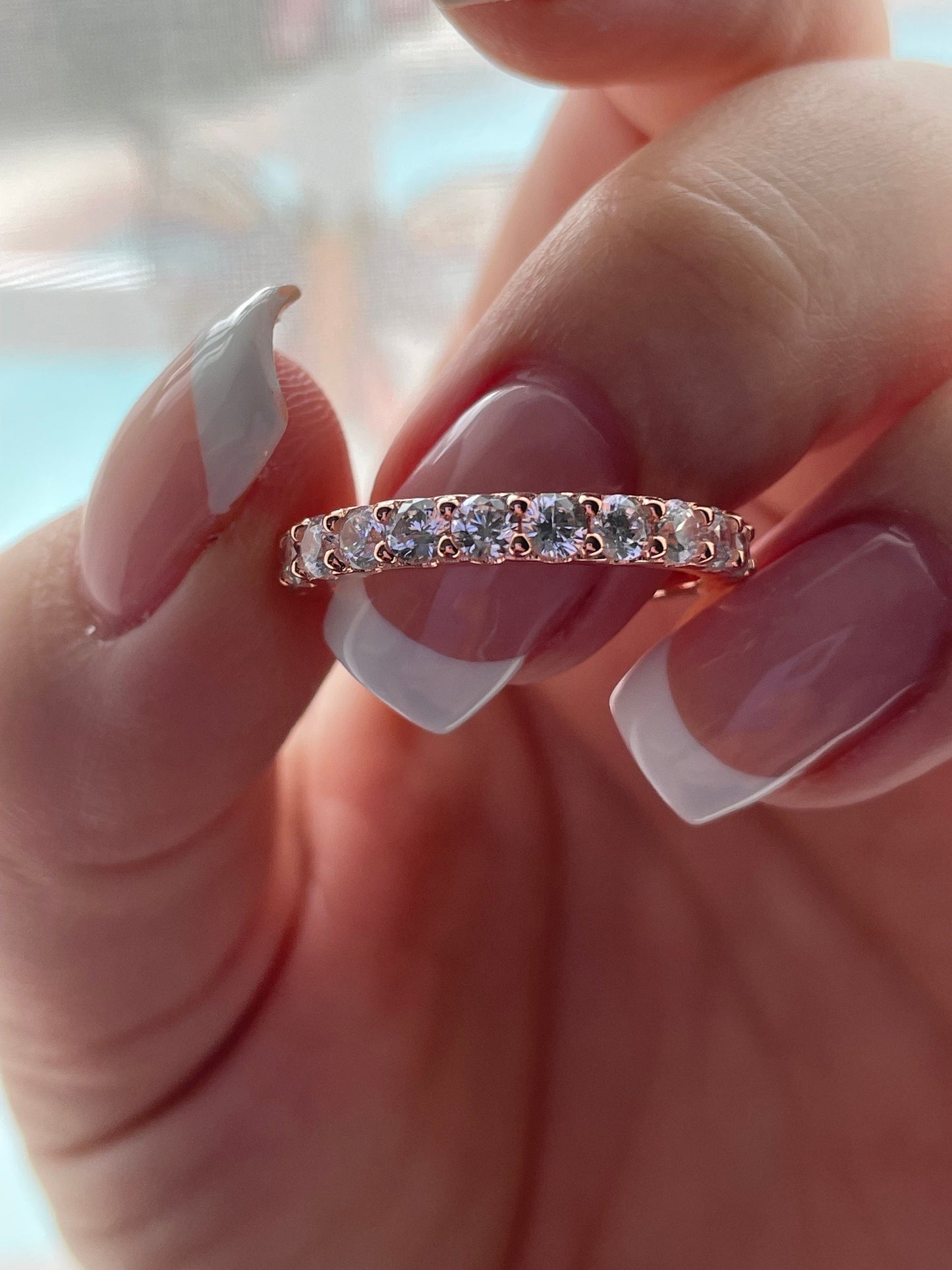 The Scarlett. Rose Gold, Yellow Gold, White Gold, Sterling Silver 925 full eternity band with the Finest VVS D Moissanite