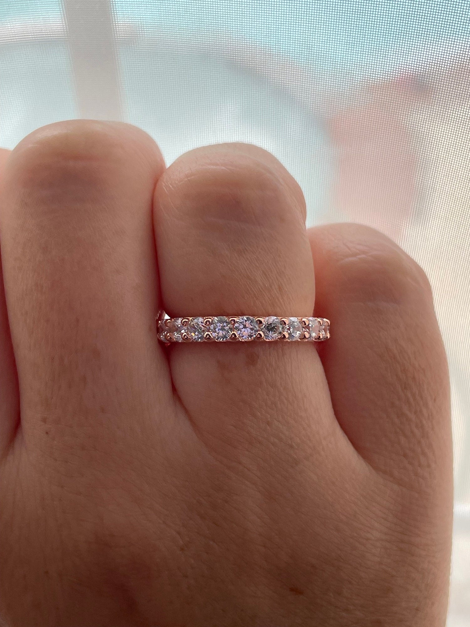 The Scarlett. Rose Gold, Yellow Gold, White Gold, Sterling Silver 925 full eternity band with the Finest VVS D Moissanite