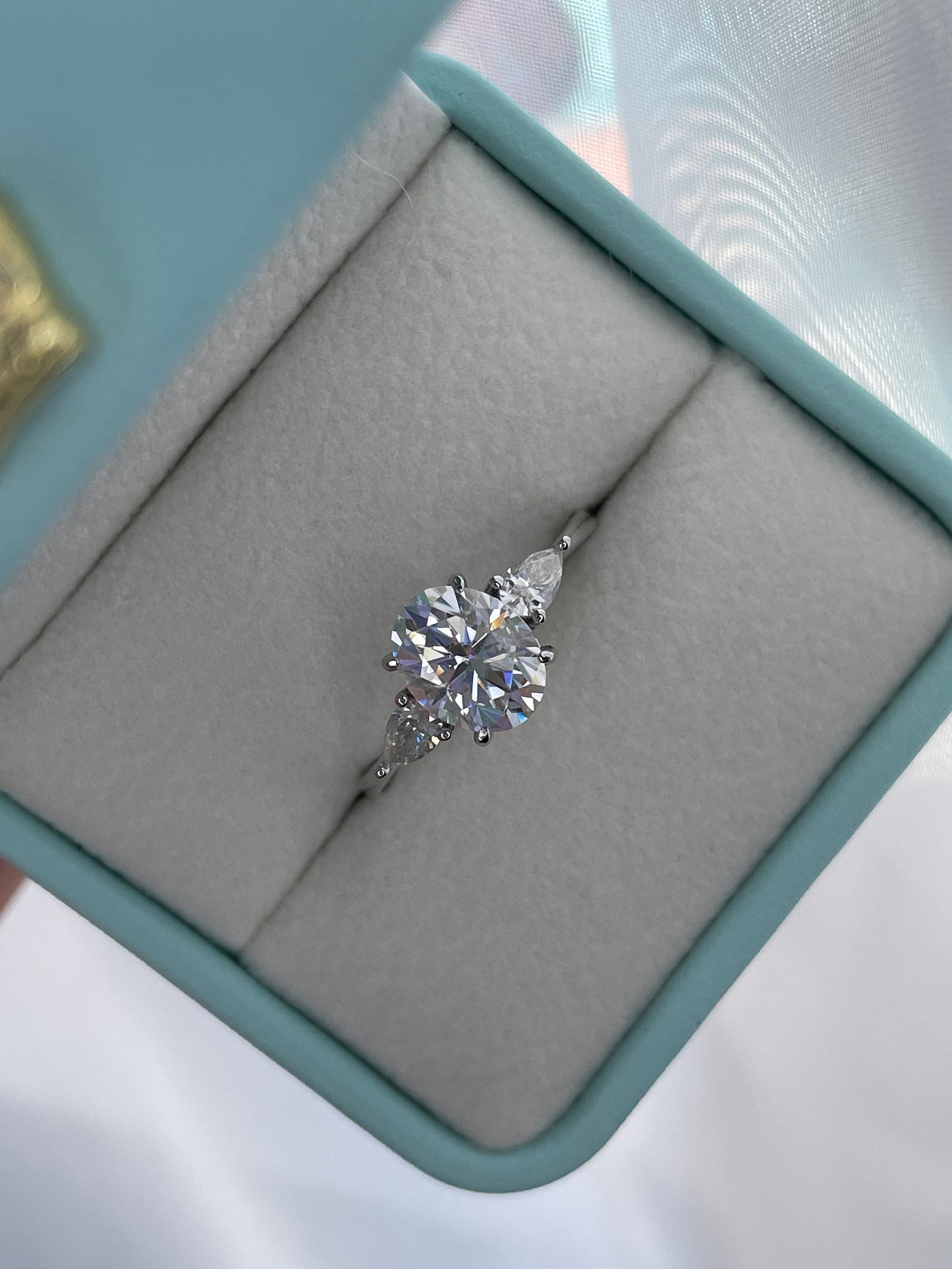 Moissanite engagement ring 10K, 14K Gold three stone engagement ring with 2CT D VVS oval cut moissanite stone