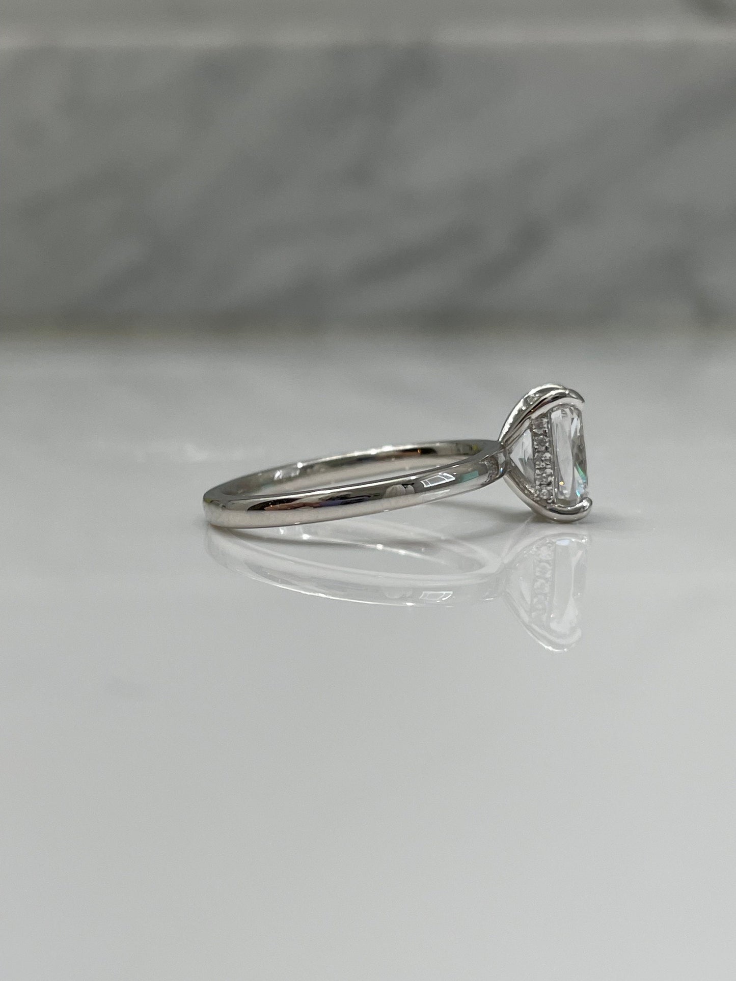 The Madison. Hidden halo. Sterling Silver 925 2.5CT elongated cushion cut Solitare engagement ring with hidden halo.