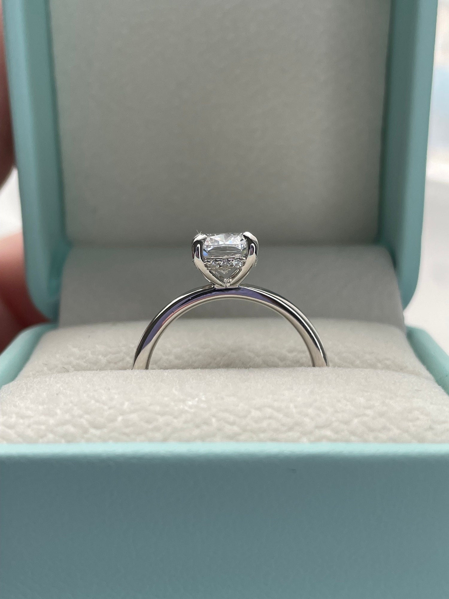 The Madison. Hidden halo. Sterling Silver 925 2.5CT elongated cushion cut Solitare engagement ring with hidden halo.