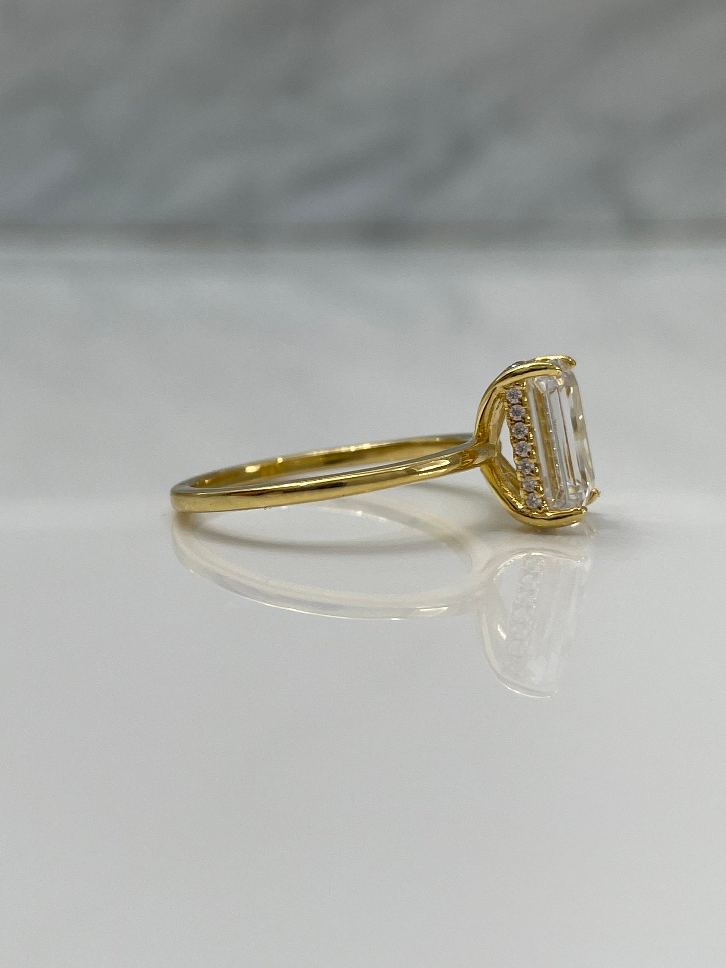 New In! Hidden Halo. Yellow gold over sterling silver 925 engagement ring with 2CT, 3CT emerald cut CZ simulated diamond, dainty band