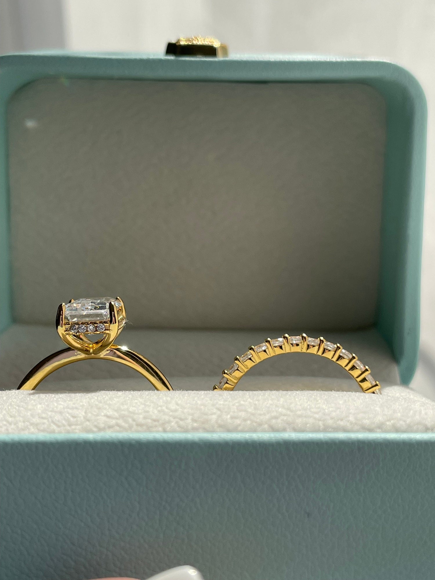 Emerald Cut 3CT Solitaire Bridal Set with hidden halo, Yellow Gold vermeil engagement ring set, Sterling Silver 925 bridal set