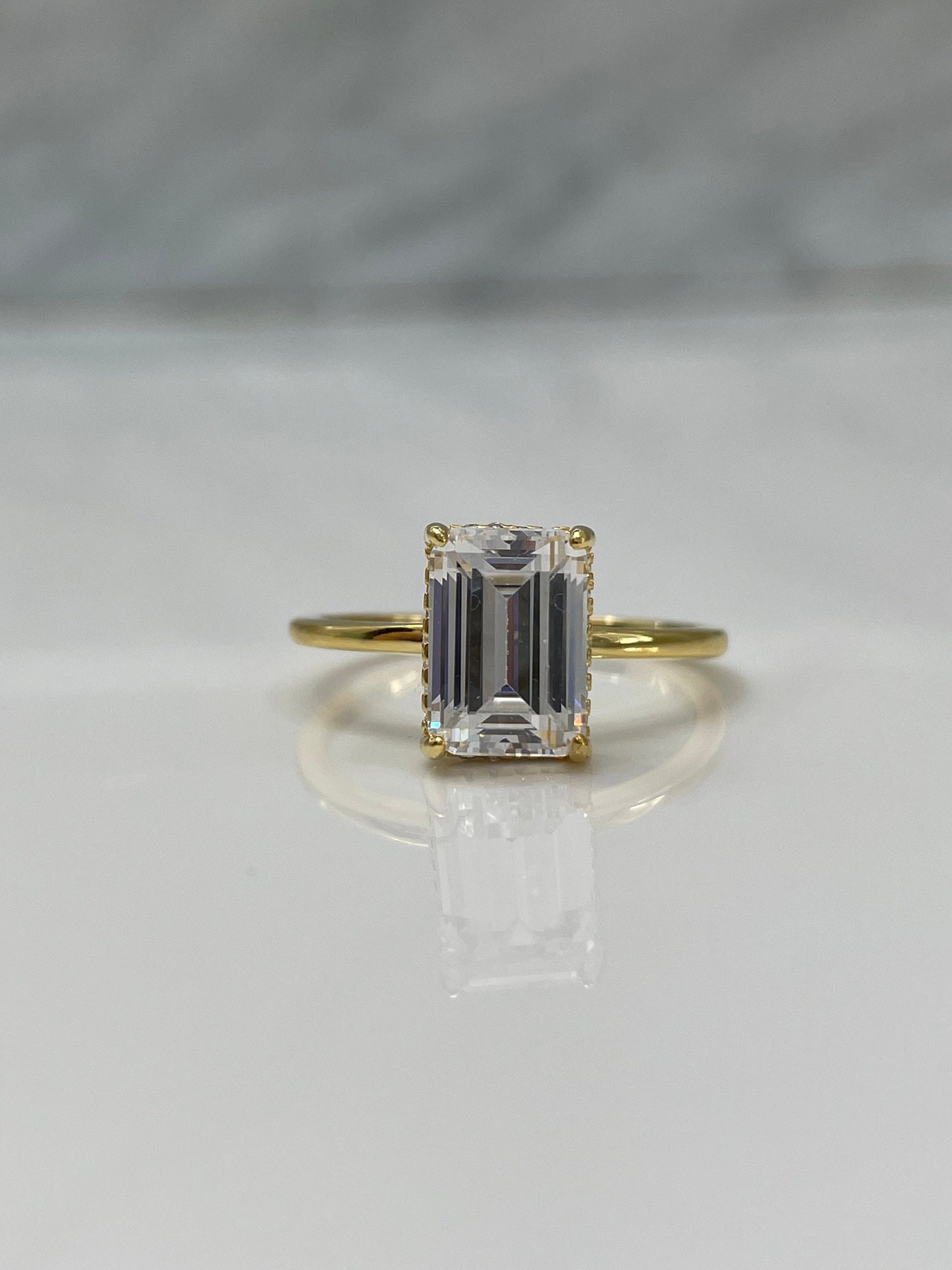 Emerald Cut 3CT Solitaire Bridal Set with hidden halo, Yellow Gold vermeil engagement ring set, Sterling Silver 925 bridal set