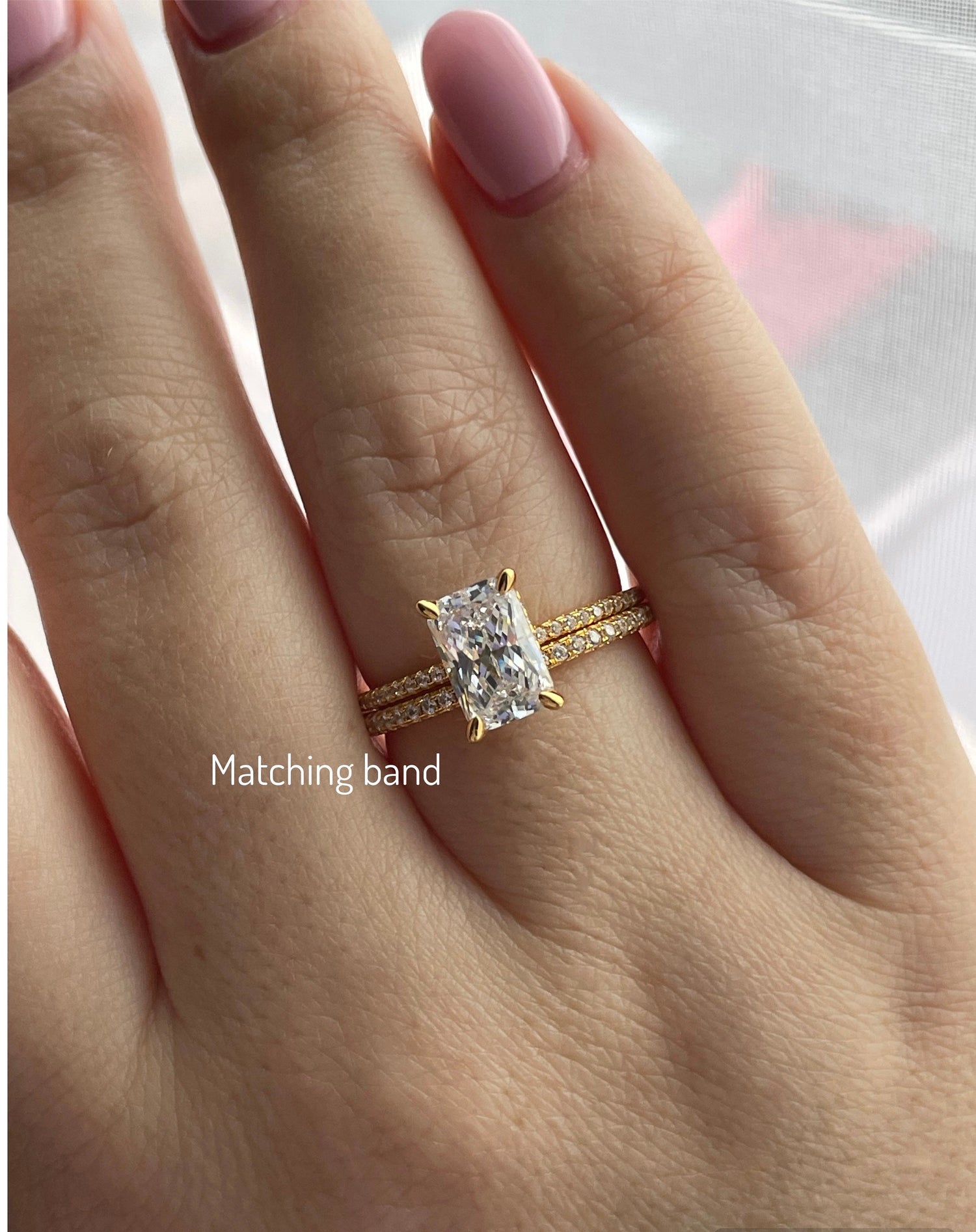 Radiant Cut Simulated Diamond Engagement Ring: 18K Yellow Gold over Sterling Silver, Hidden Halo
