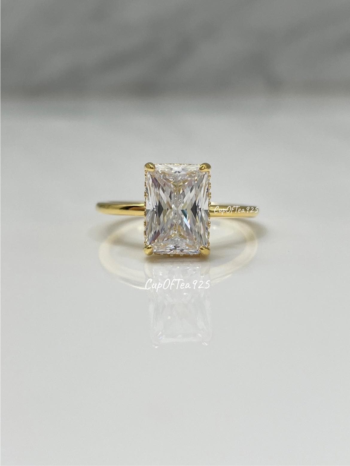Radiant cut engagement ring with 2CT 3CT CZ simulated diamond. Silver 925 ring, Gold Vermeil engagement ring, promise ring