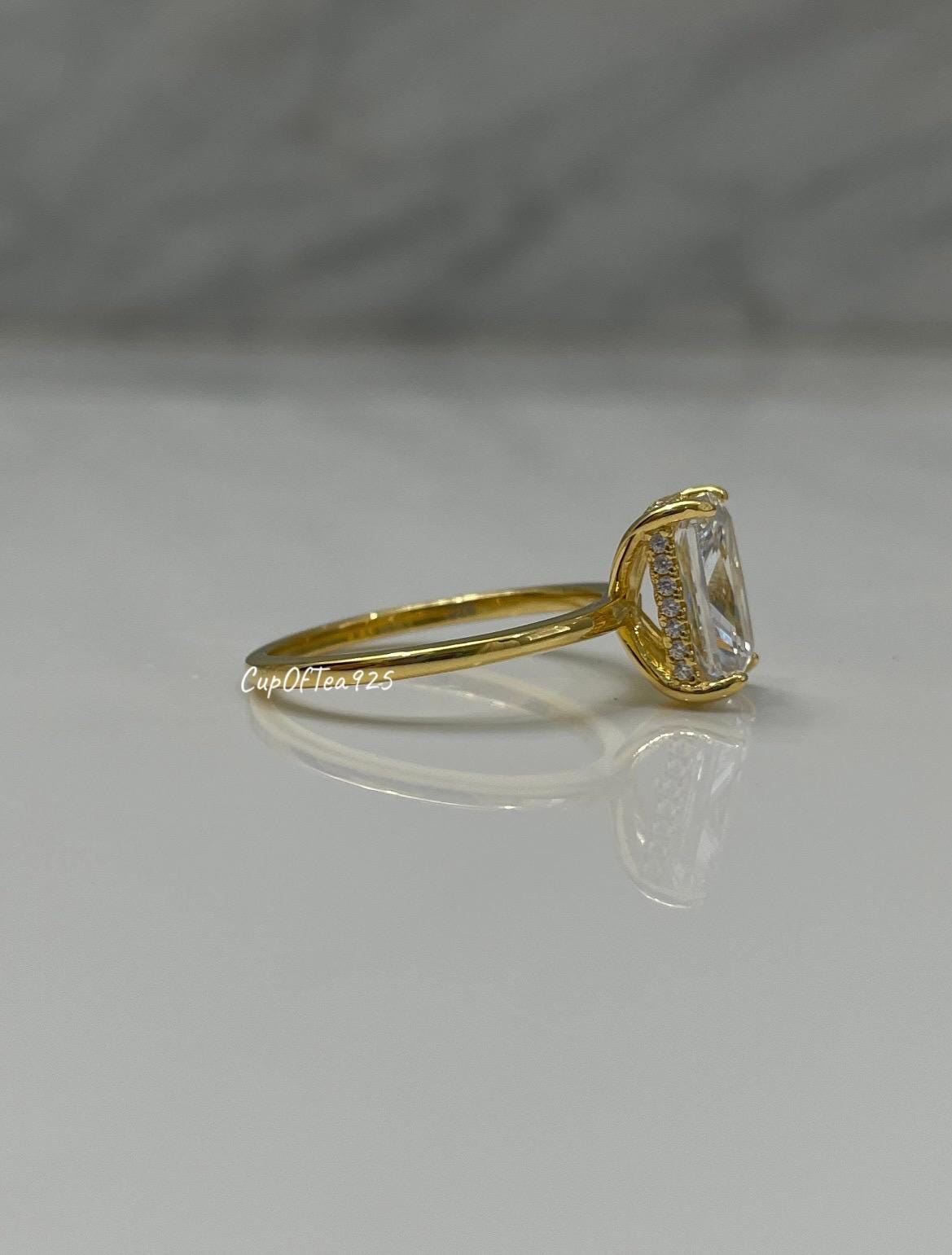 Radiant cut engagement ring with 2CT 3CT CZ simulated diamond. Silver 925 ring, Gold Vermeil engagement ring, promise ring