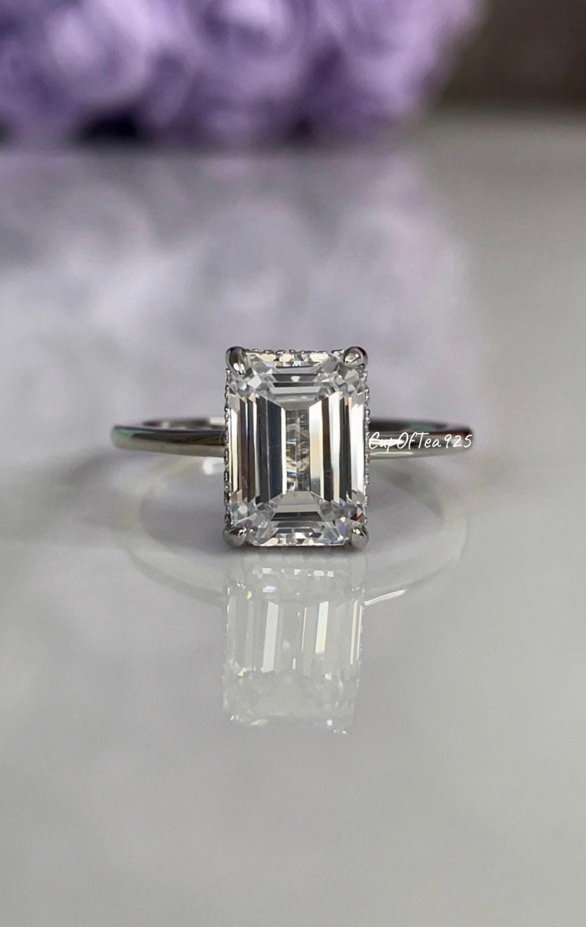 Sterling Silver 925, yellow gold vermeil engagement ring with 2CT, 3CT emerald cut CZ simulated diamond and hidden halo