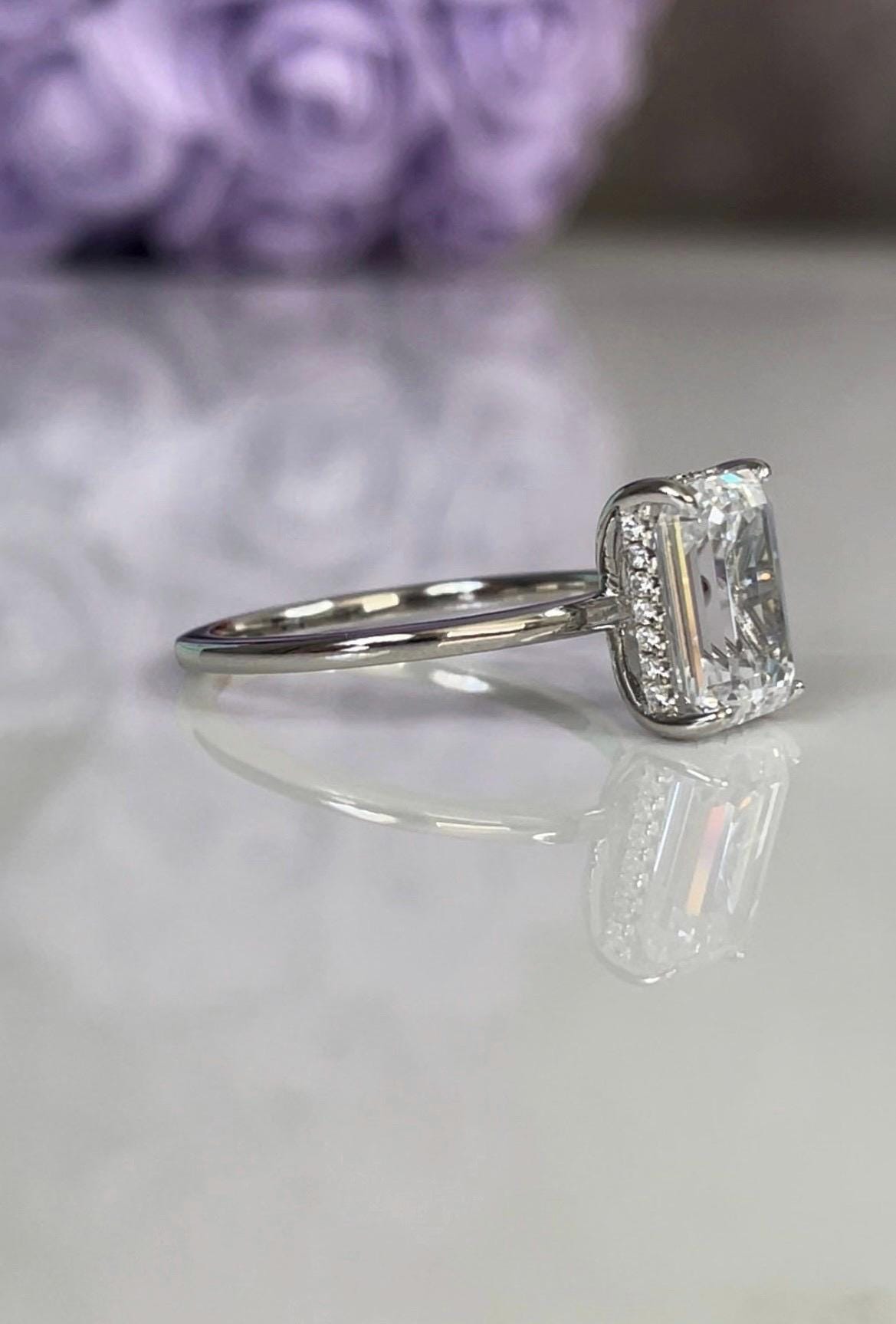 Sterling Silver 925, yellow gold vermeil engagement ring with 2CT, 3CT emerald cut CZ simulated diamond and hidden halo