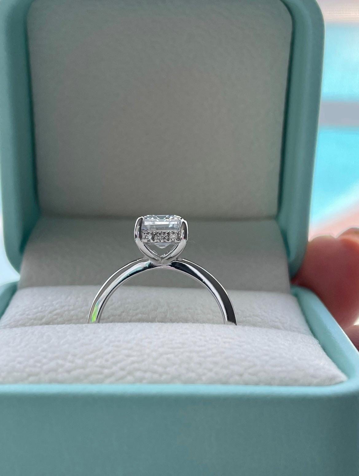 Sterling Silver 925, yellow gold vermeil engagement ring with 2CT, 3CT emerald cut CZ simulated diamond and hidden halo