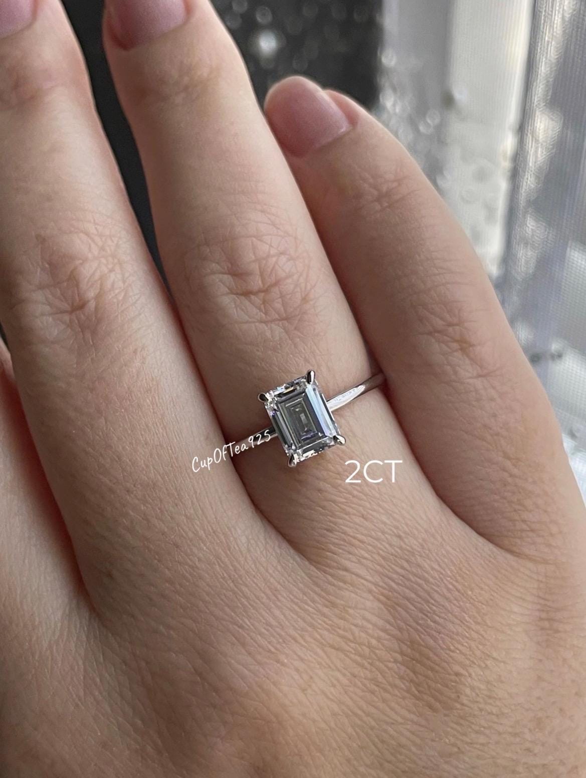 Sterling Silver 925, yellow gold vermeil engagement ring with 2CT, 3CT emerald cut CZ simulated diamond and hidden halo