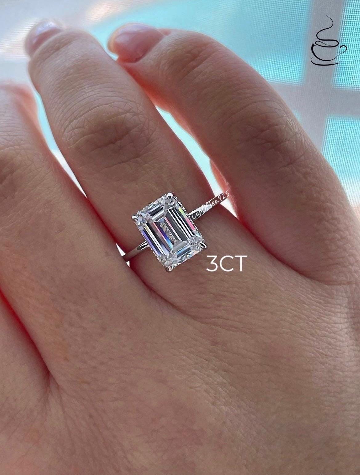 Sterling Silver 925, yellow gold vermeil engagement ring with 2CT, 3CT emerald cut CZ simulated diamond and hidden halo