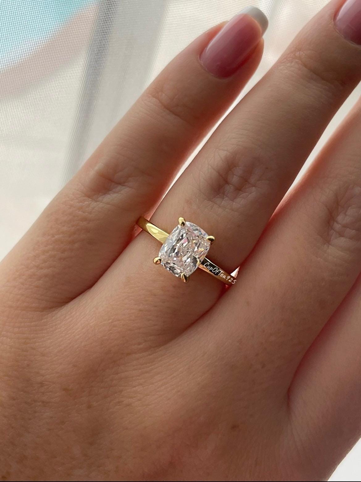 The Madison. Hidden halo. Sterling Silver 925, Yellow Gold over Sterling Silver 925, 2.5CT elongated cushion cut engagement ring.