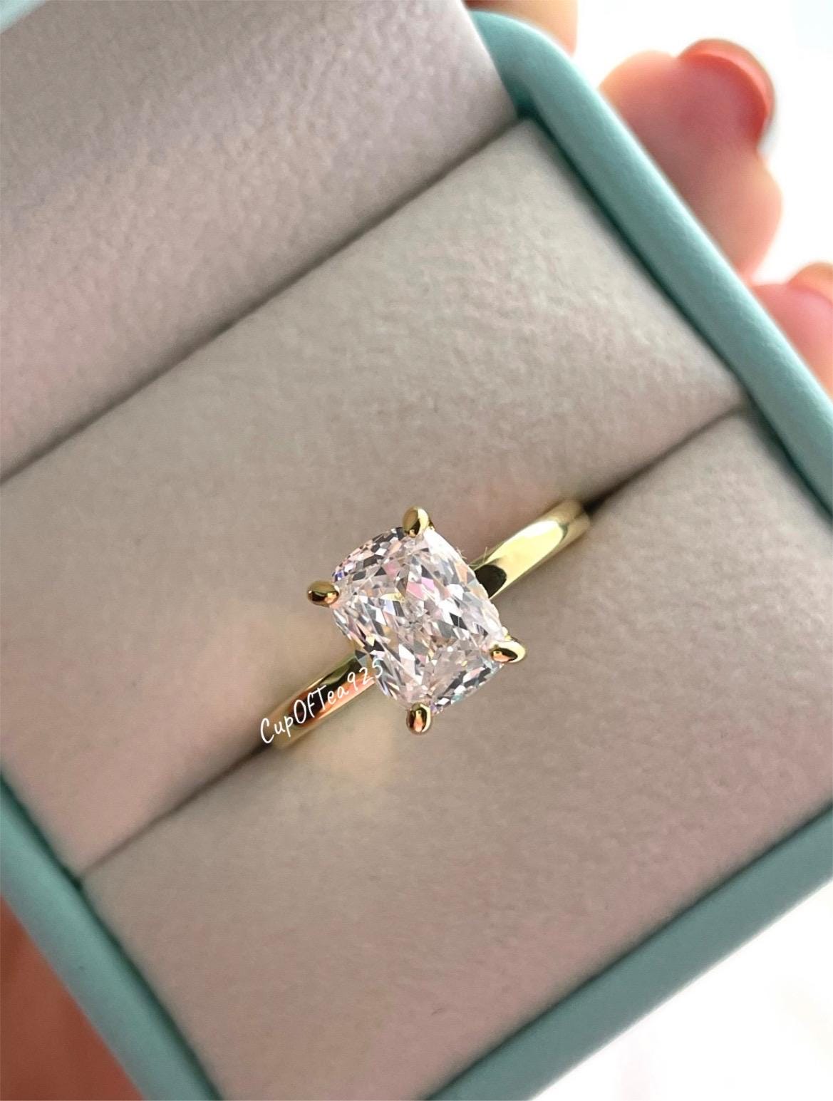 The Madison. Hidden halo. Sterling Silver 925, Yellow Gold over Sterling Silver 925, 2.5CT elongated cushion cut engagement ring.