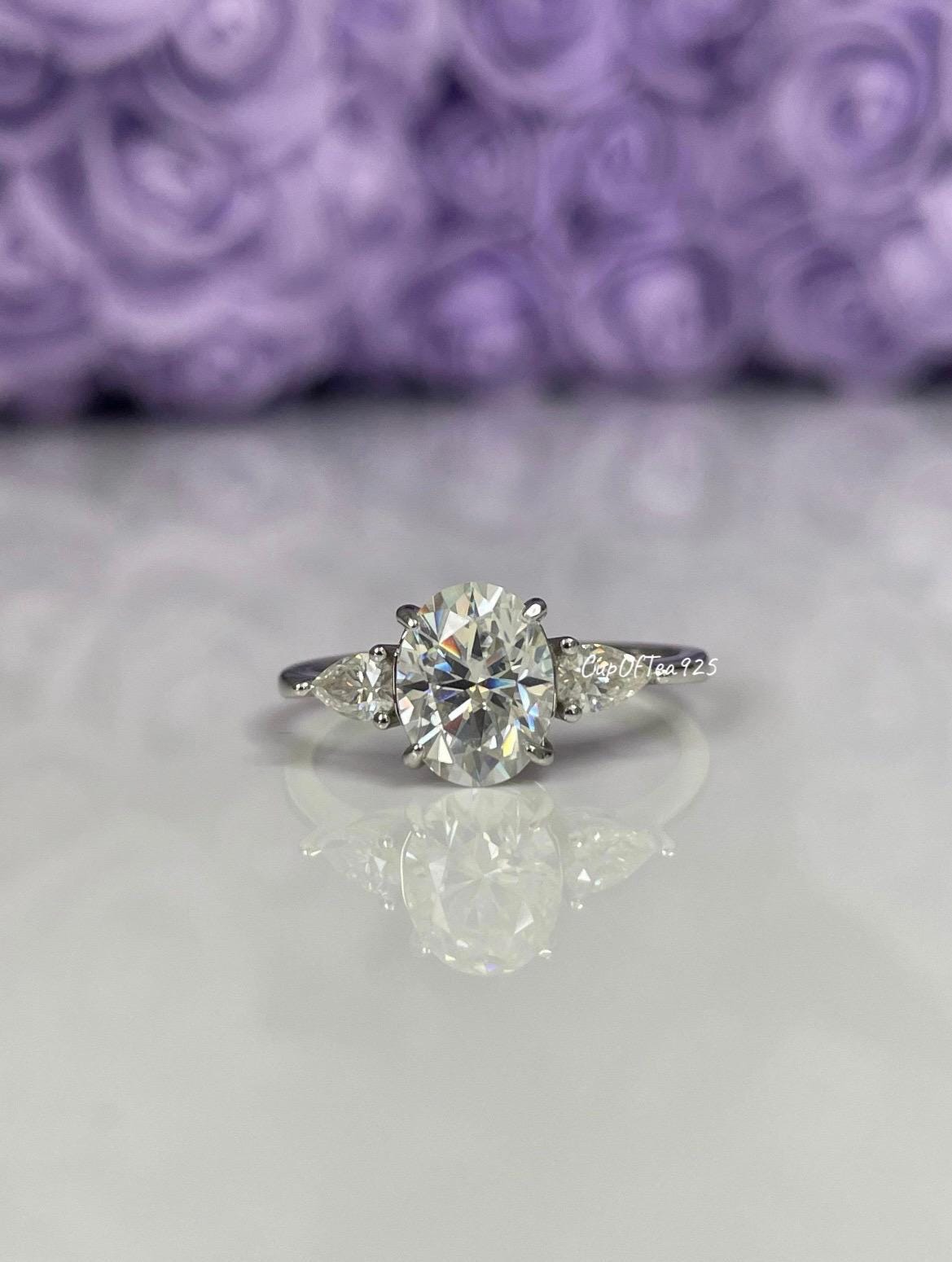 Oval Moissanite Engagement Ring: Sterling Silver Three Stone Promise Ring