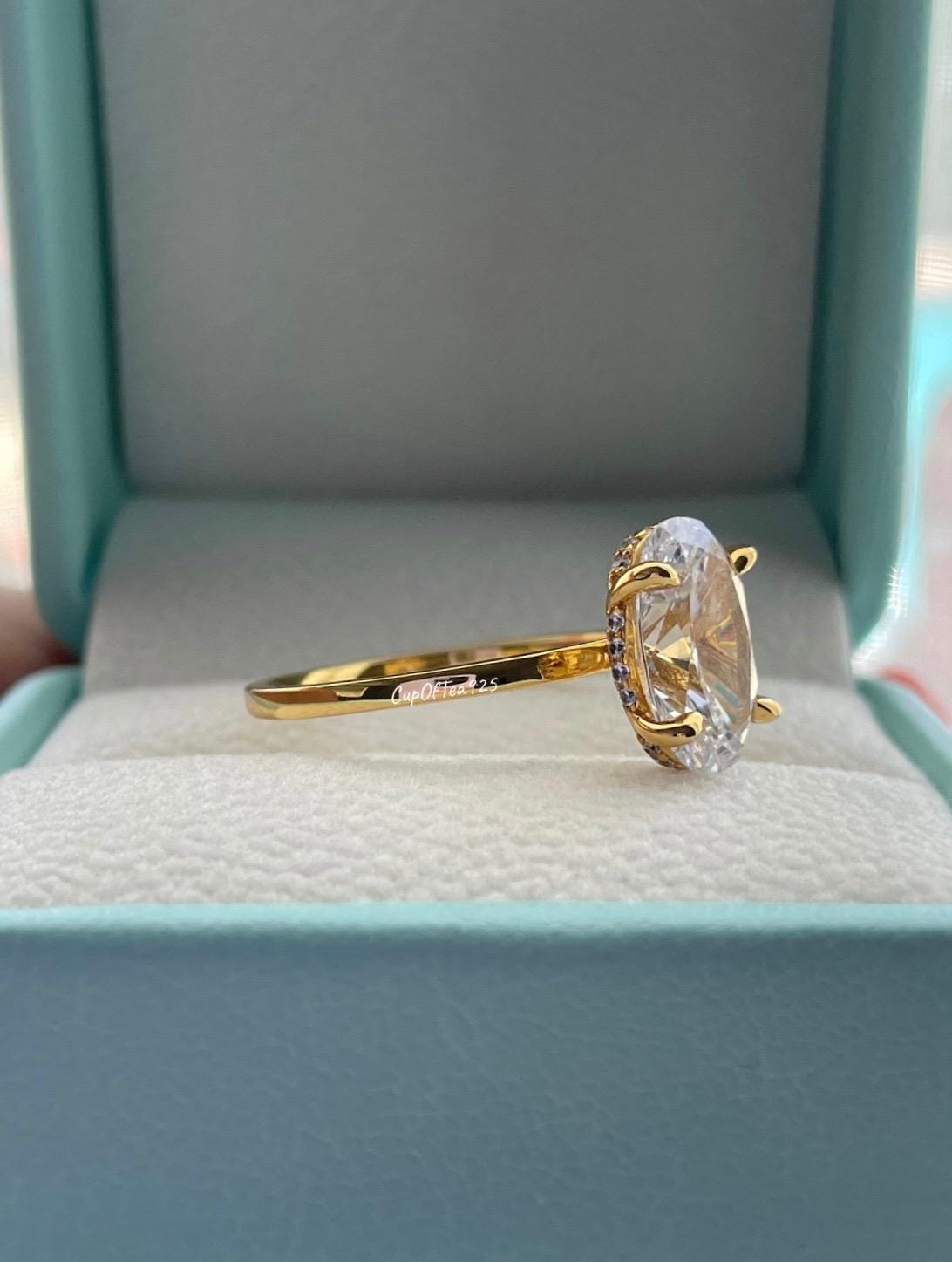 3.5CT Oval Cut Engagement Ring: Yellow Gold Vermeil, Hidden Halo, art deco moisssnite band