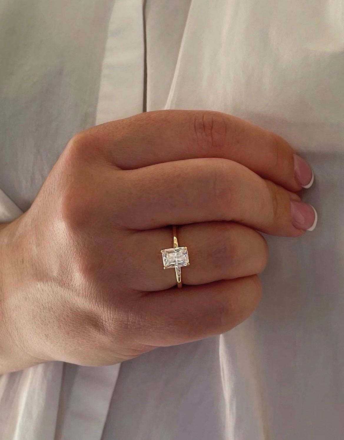 The Alessandra. Yellow Gold, White Gold, Rose Gold, Sterling Silver 925 Engagement Ring with the finest 2CT Radiant cut Moissanite