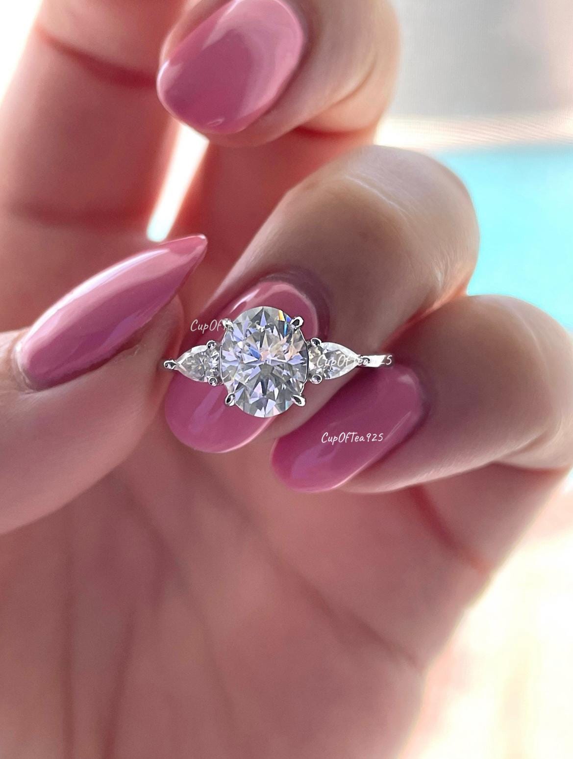 Moissanite engagement ring 10K, 14K Gold three stone engagement ring with 2CT D VVS oval cut moissanite stone