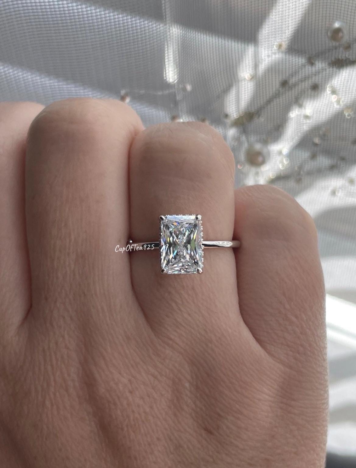 Hidden Halo. Yellow gold vermeil, Sterling Silver 925 engagement ring with 2CT 3CT radiant cut and hidden halo, radiant cut ring