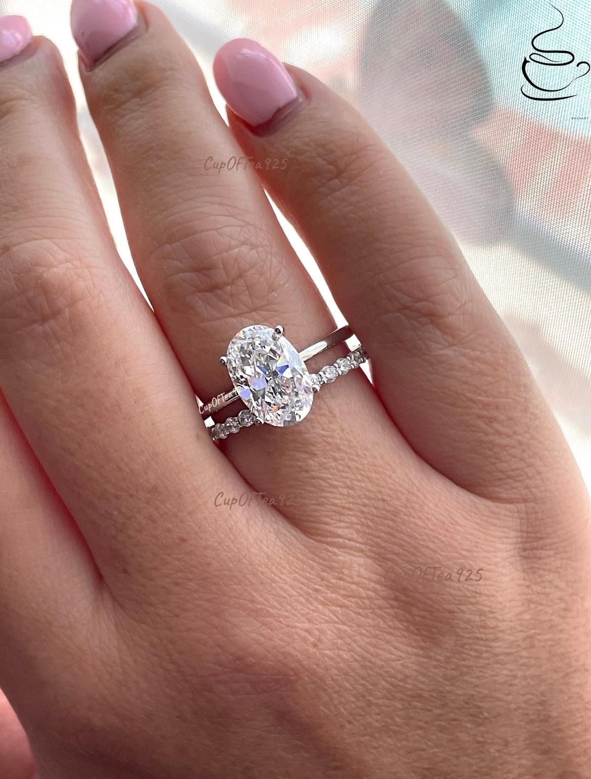 Yellow gold vermeil, rose gold vermeil, sterling silver 925 bridal set with 2.5CT or 3.5CT oval cut solitaire ring and half eternity band