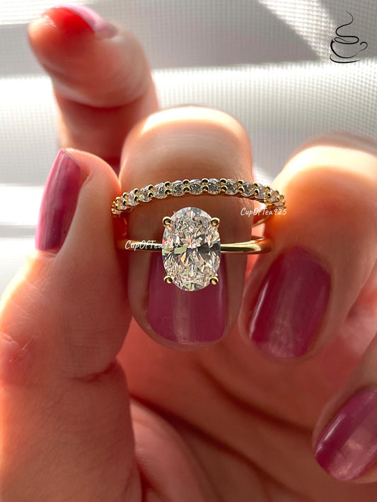 Oval Moissanite Engagement Ring Set, Gold vermeil, Sterling silver 925 Bridal Jewelry