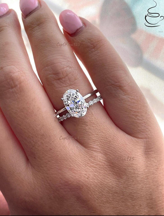 Yellow gold vermeil, rose gold vermeil, sterling silver 925 bridal set with 2.5CT or 3.5CT oval cut solitaire ring and half eternity band