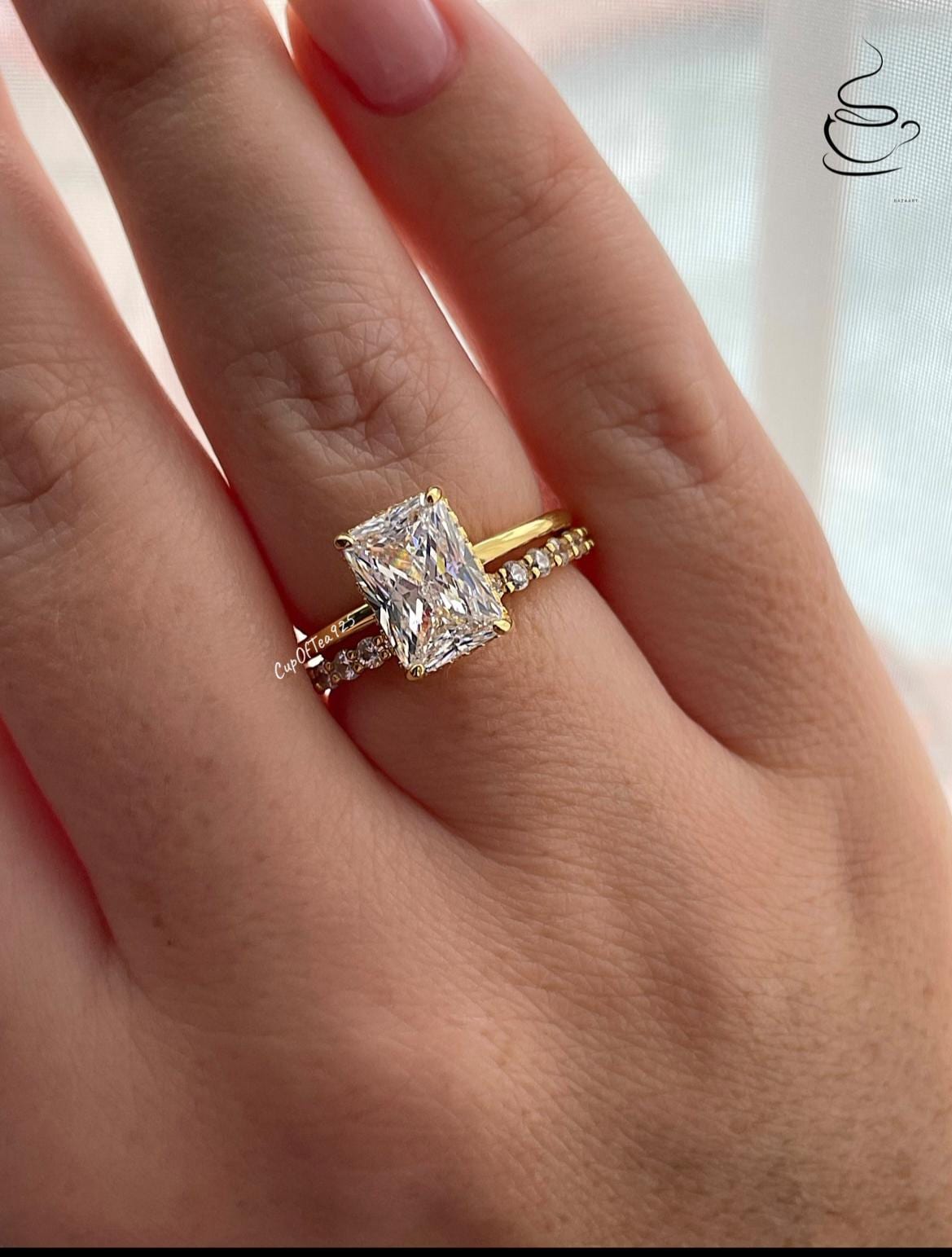 Hidden halo.Gold over Sterling Silver 925 Bridal Set with 2CT,3CT Radiant Cut CZ engagement ring with hidden halo and half eternity band.