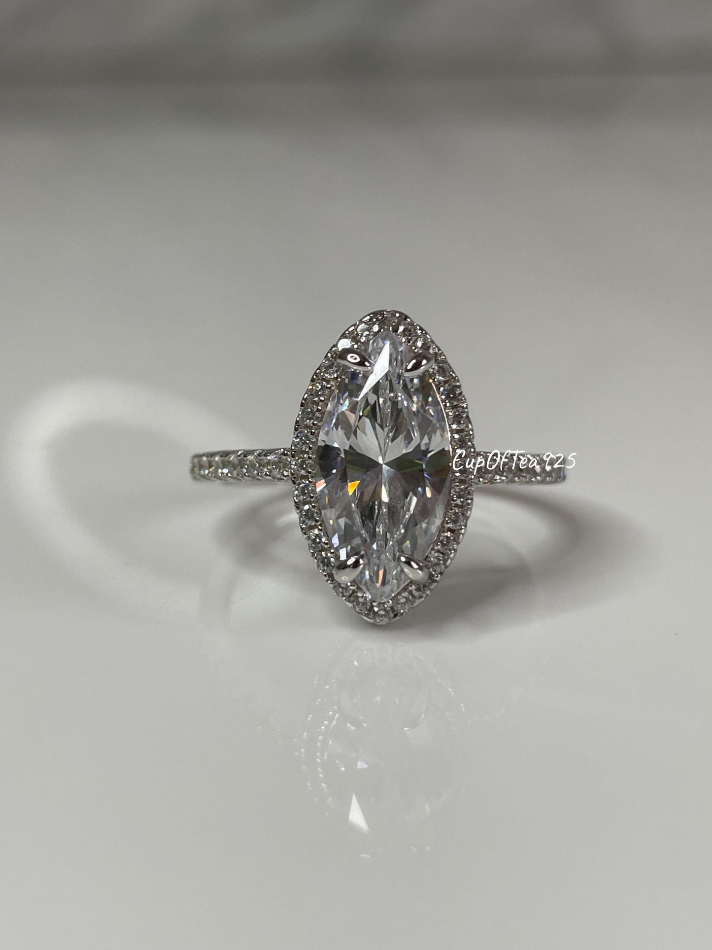 New In! Sterling Silver 925 engagement ring with 2CT marquise CZ diamond halo