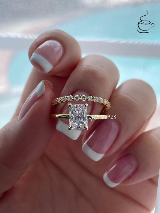 Yellow Gold over Sterling Silver 925 Bridal Set with 2CT Radiant Cut Solitare and half eternity band, engagement ring, travel ring