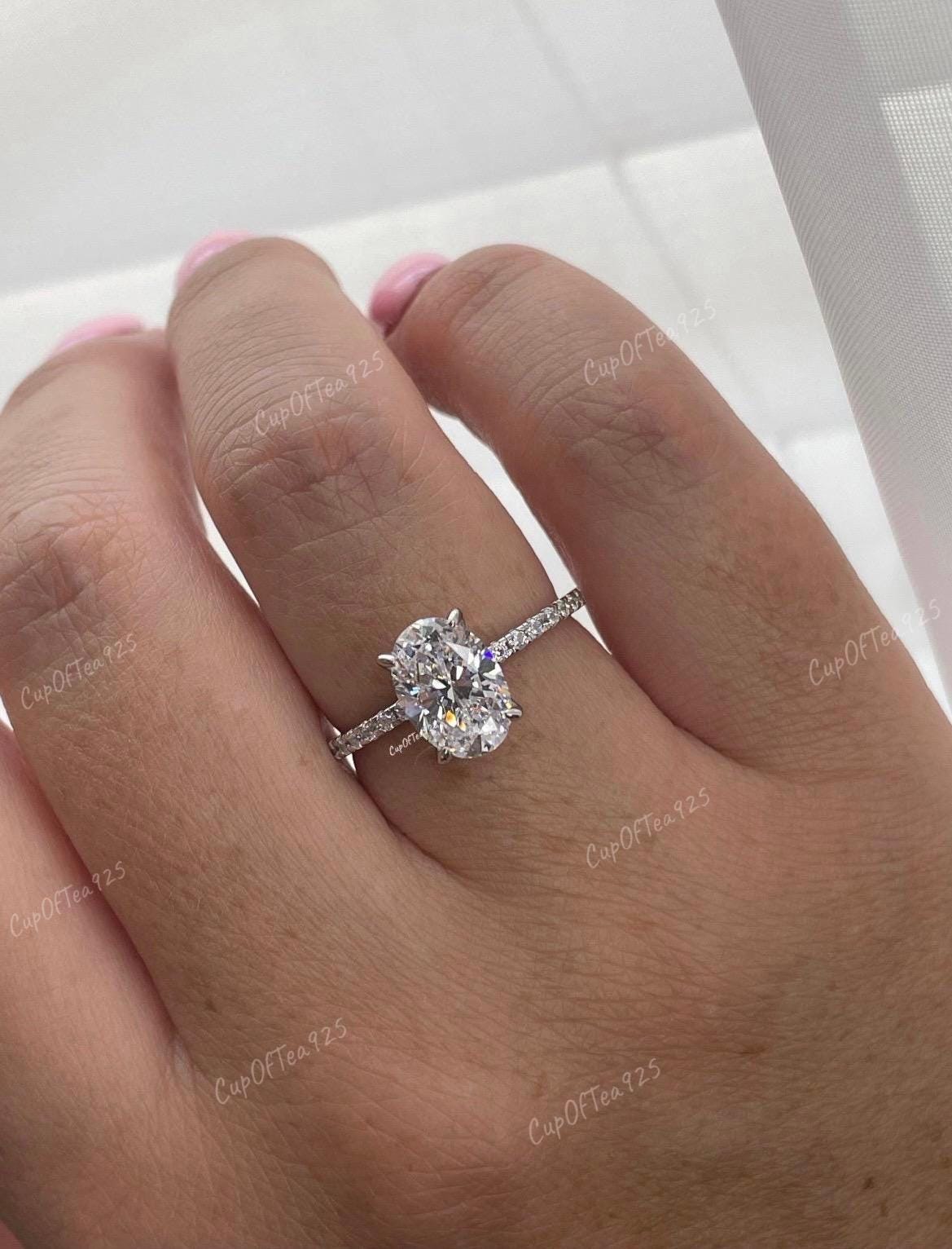 Hidden Halo. Sterling Silver 925 engagement ring with 2.5CT oval cut D VVS moissanite or CZ diamonds,yellow gold,rose gold