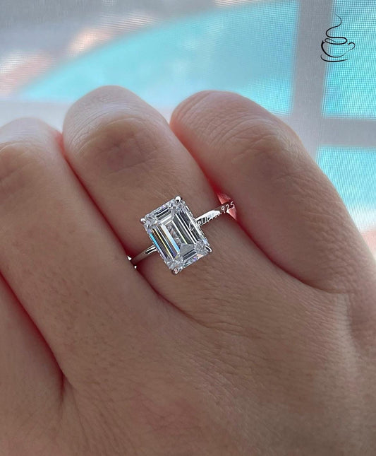Sterling Silver 925, yellow gold vermeil engagement ring with 2CT, 3CT emerald cut CZ simulated diamond and hidden halo