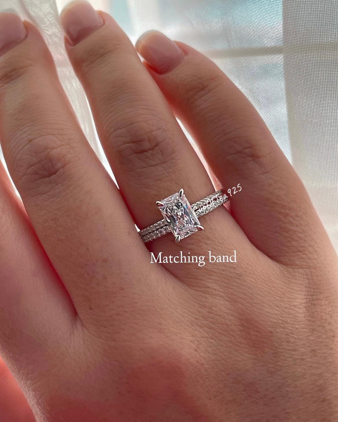 The Harmony. Hidden Halo. Sterling Silver 925 engagement ring with 2.2CT radiant cut CZ simulated diamond and hidden halo, extra thin band
