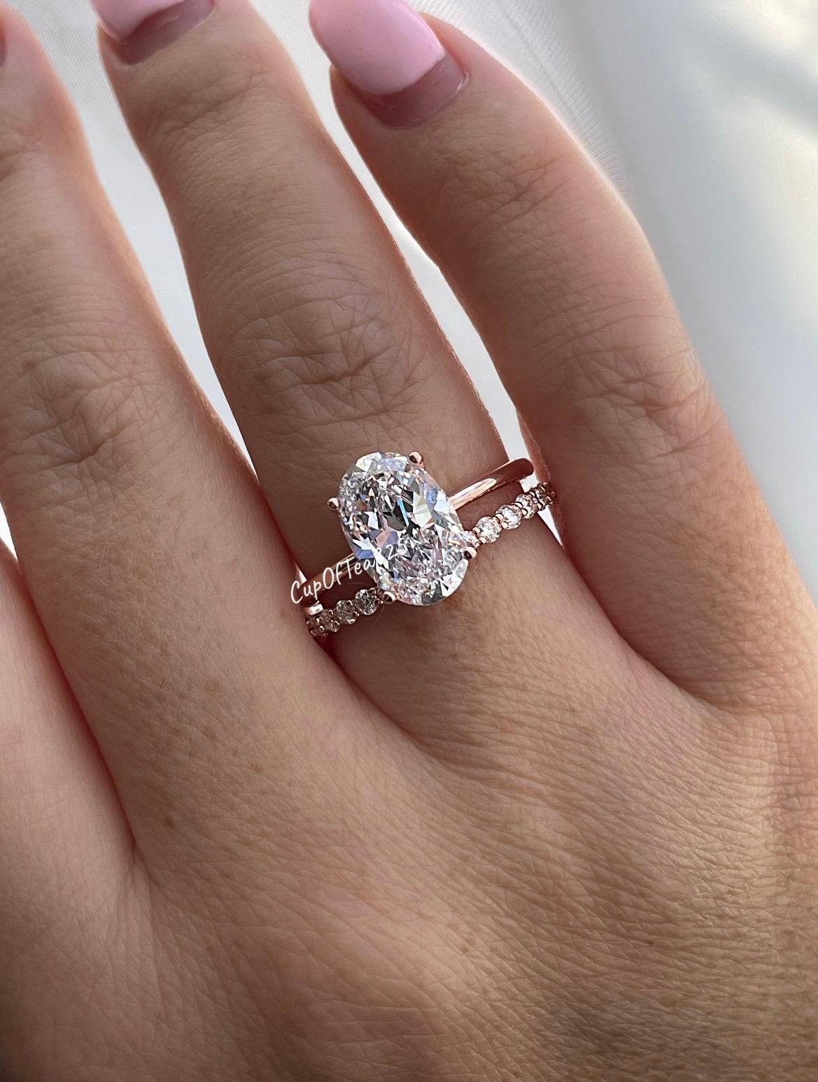Rose Gold, Yellow gold over silver 925, Sterling Silver 925 bridal set with 3.5CT oval cut solitaire ring and eternity band