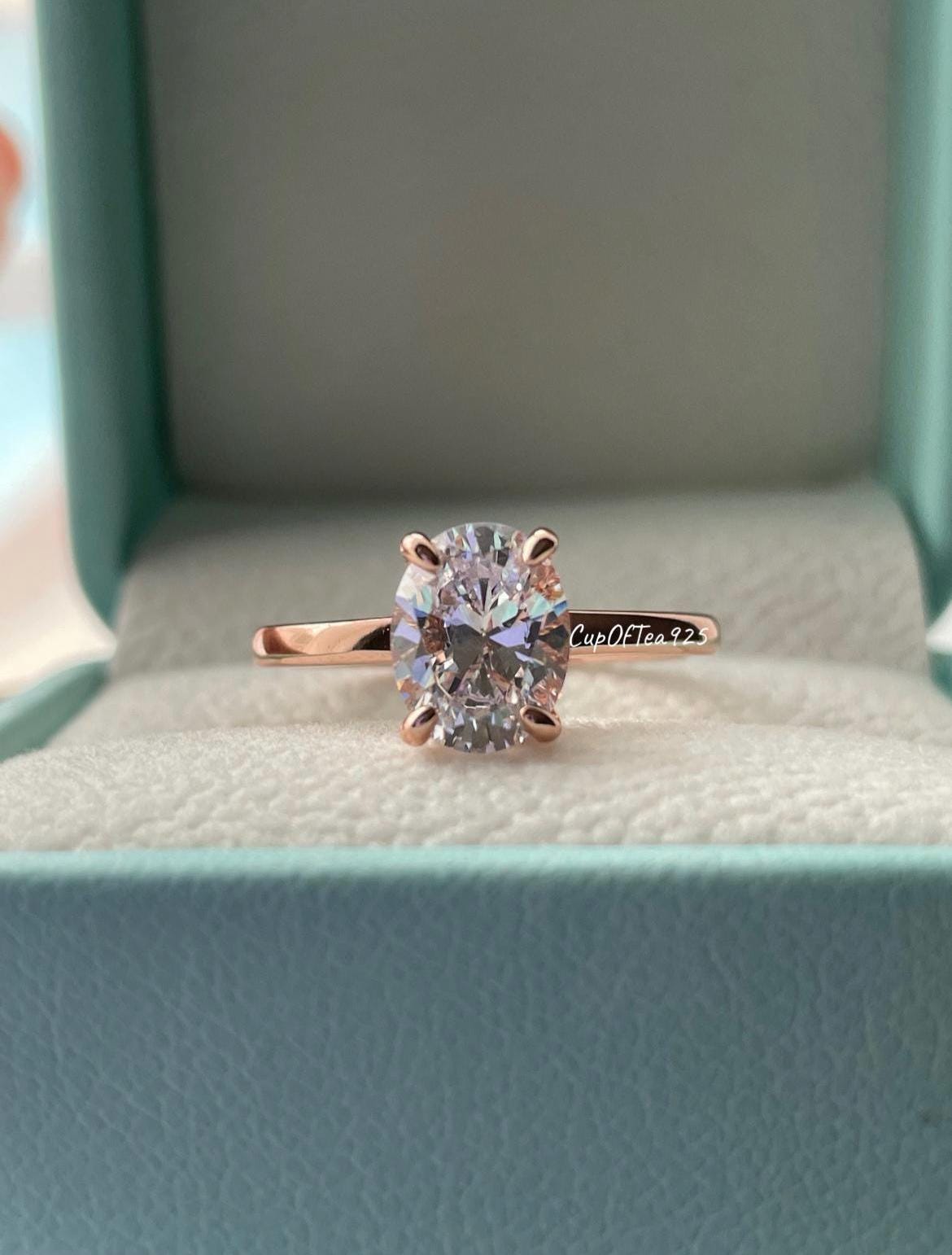 2CT Oval Simulated Diamond Engagement Ring: Rose Gold Sterling Silver Hidden Halo