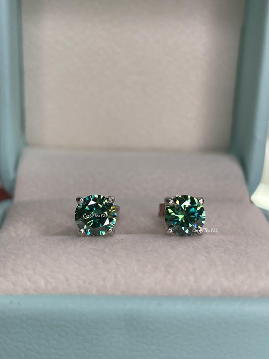 Green Moissanite, blue , blue-green moissanite 1.6CTTW (0.8CT+0.8CT) Stud Earrings in Sterling Silver 925