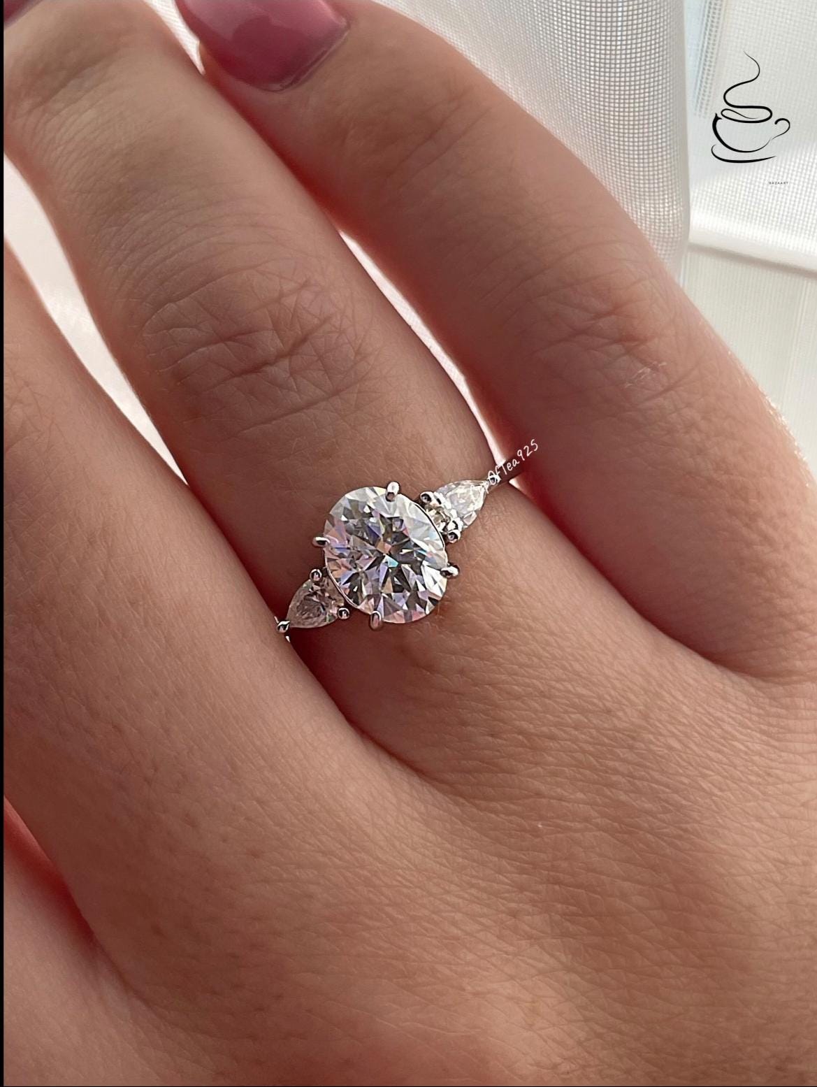 Moissanite Engagement Ring: Sterling Silver 925, 2CT Oval Cut, Three Stone