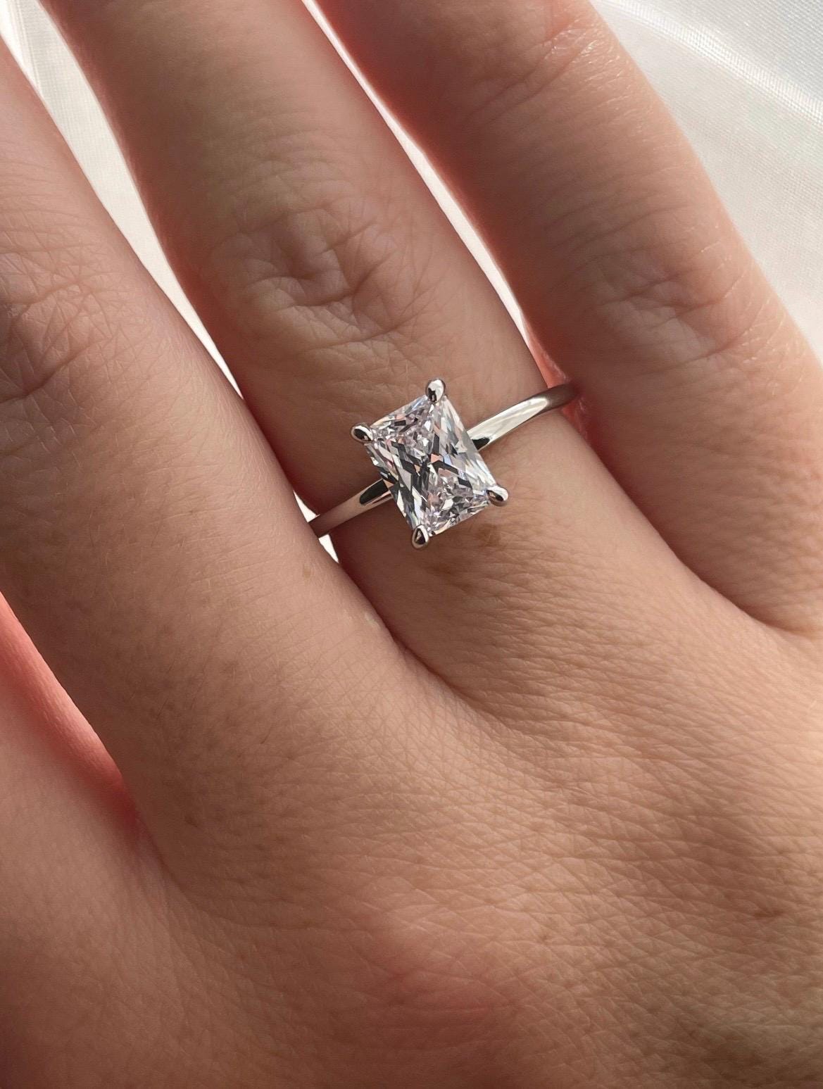 The Alessandra. Yellow Gold, White Gold, Rose Gold, Sterling Silver 925 Engagement Ring with the finest 2CT Radiant cut Moissanite