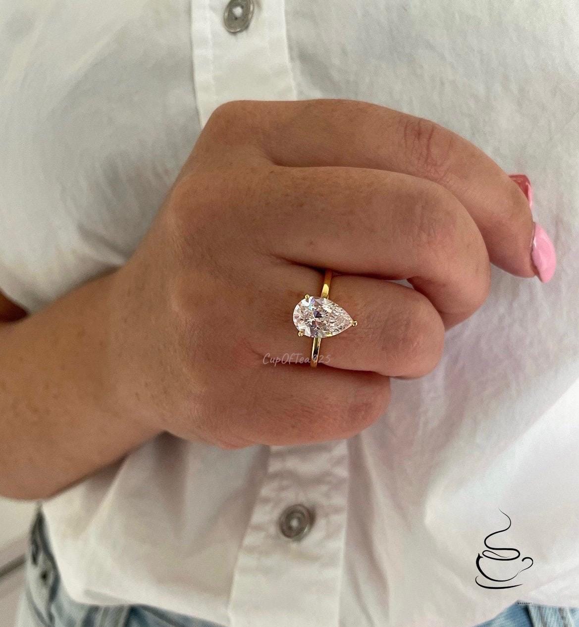 Yellow Gold Vermeil, Sterling Silver 925 2CT or 3.5CT CZ Pear cut Solitaire Engagement Ring, tear drop ring, travel ring