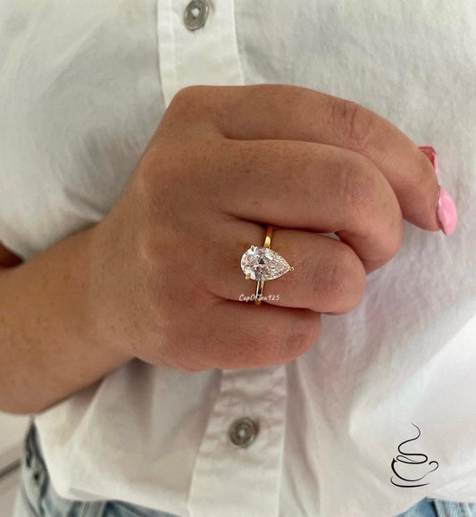 Yellow Gold Vermeil, Sterling Silver 925 2CT or 3.5CT CZ Pear cut Solitaire Engagement Ring, tear drop ring, travel ring