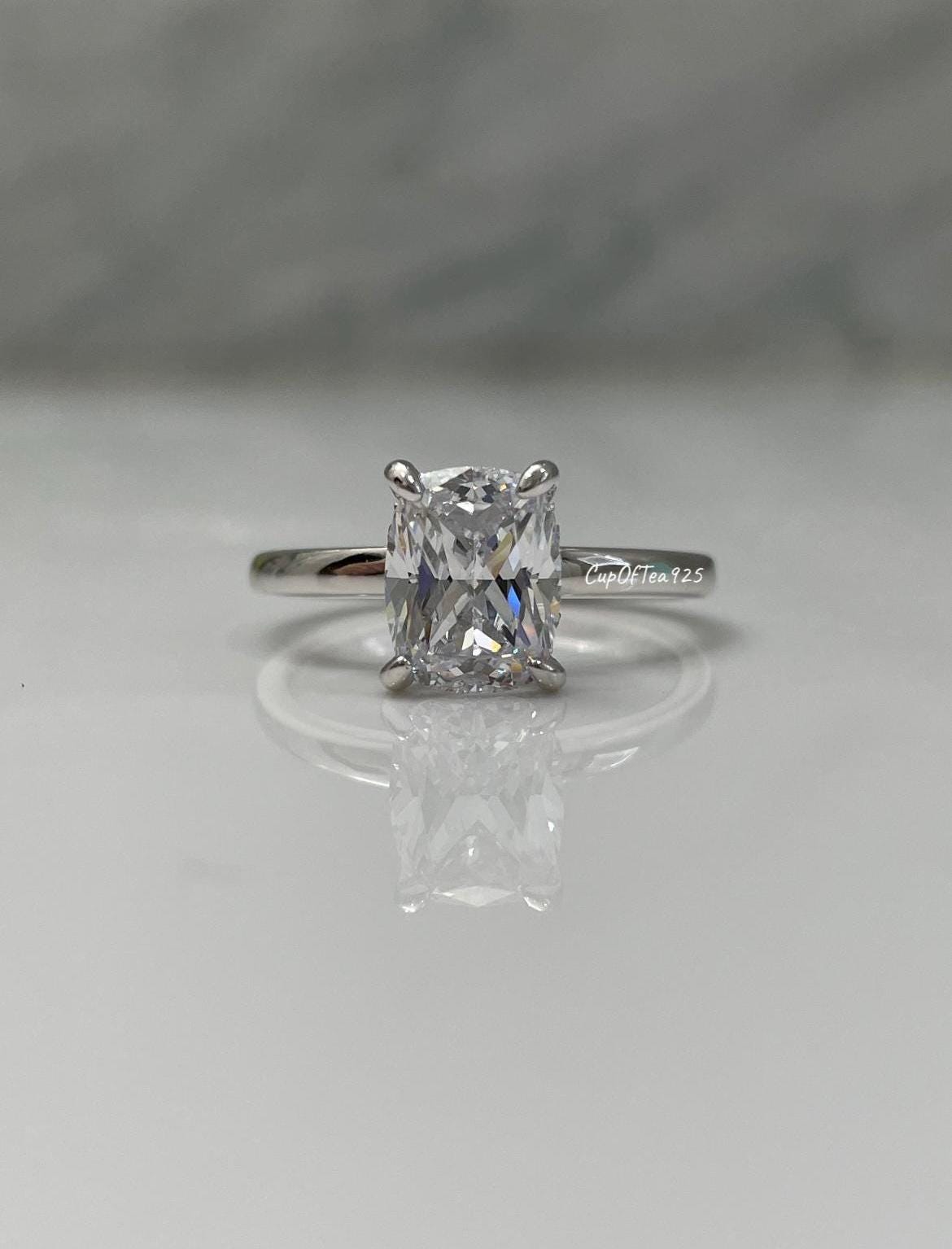 The Madison. Hidden halo. Sterling Silver 925 2.5CT elongated cushion cut Solitare engagement ring with hidden halo.