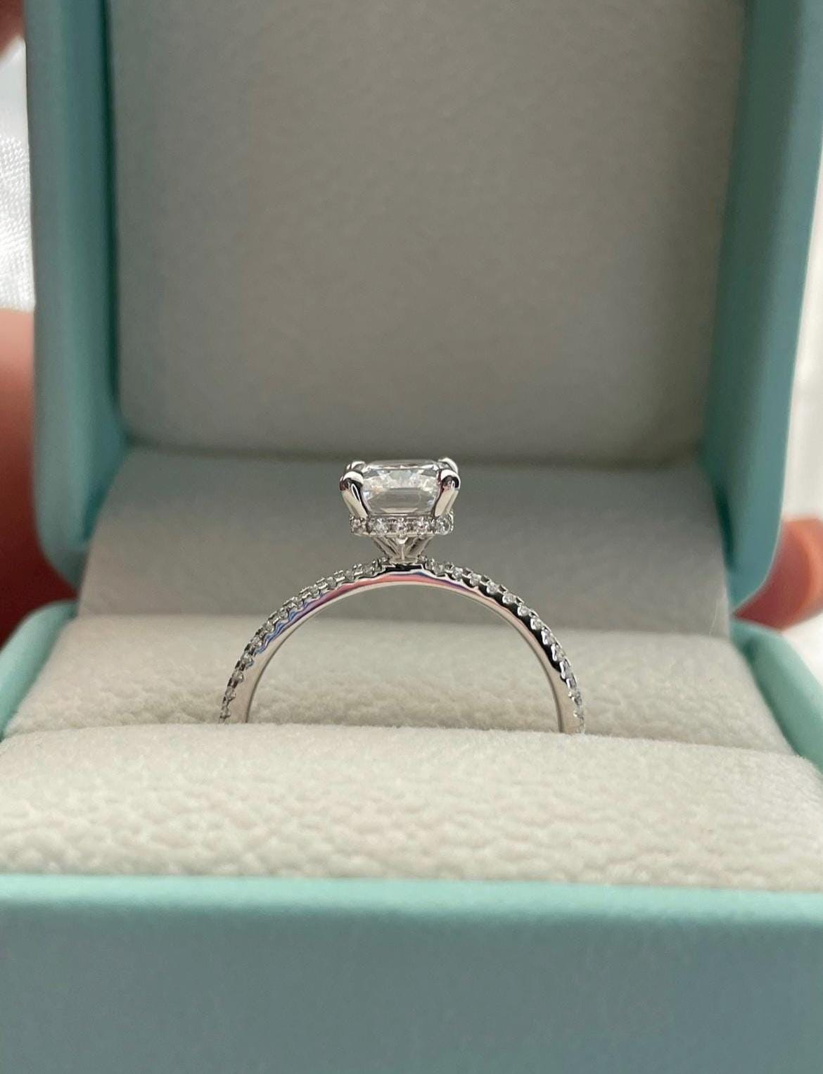 14K, 18K gold engagement ring with 2.2CT radiant cut moissanite and hidden halo, moissanite engagement ring