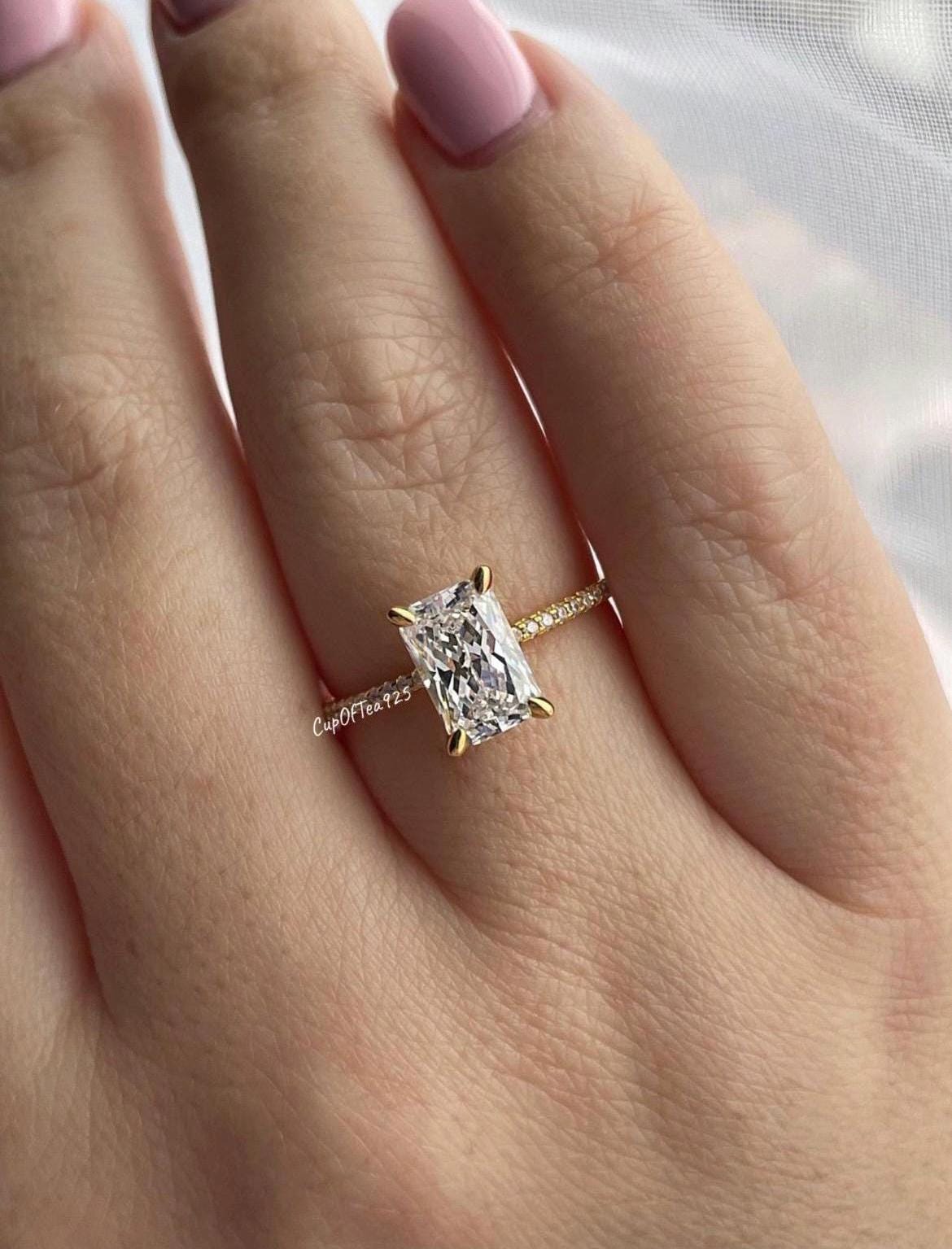 14K, 18K gold engagement ring with 2.2CT radiant cut moissanite and hidden halo, moissanite engagement ring