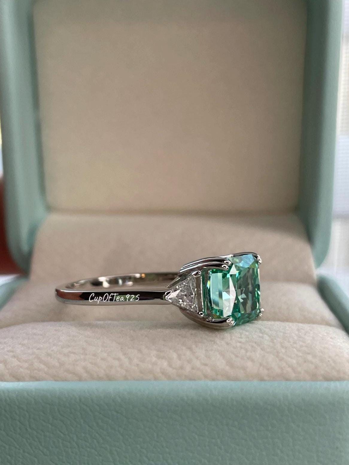 Green Parabia CZ Engagement Ring: Crushed Ice Sterling Silver 3CT