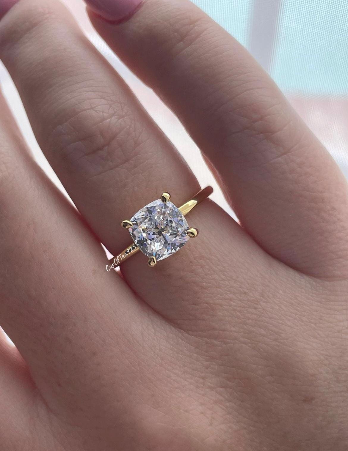 The Layla. Yellow Gold over Sterling Silver 925 3CT Cushion cut engagement ring with CZ diamond simulant , promise ring, gift for her