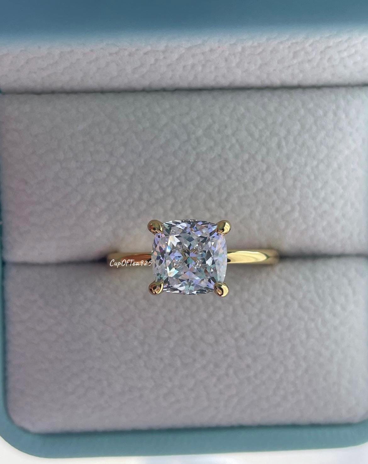 The Layla. Yellow Gold over Sterling Silver 925 3CT Cushion cut engagement ring with CZ diamond simulant , promise ring, gift for her