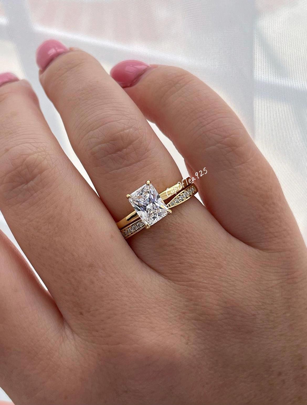 Yellow Gold over Sterling Silver Bridal Ring Set with 2CT Radiant Cut CZ & Moissanite Band