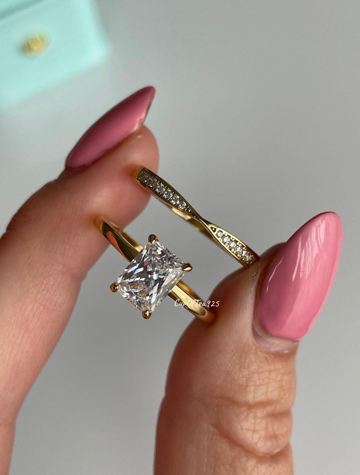 Yellow Gold over Sterling Silver Bridal Ring Set with 2CT Radiant Cut CZ & Moissanite Band