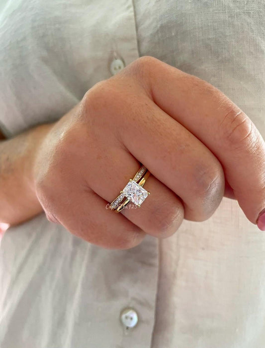 Yellow Gold over Sterling Silver Bridal Ring Set with 2CT Radiant Cut CZ & Moissanite Band