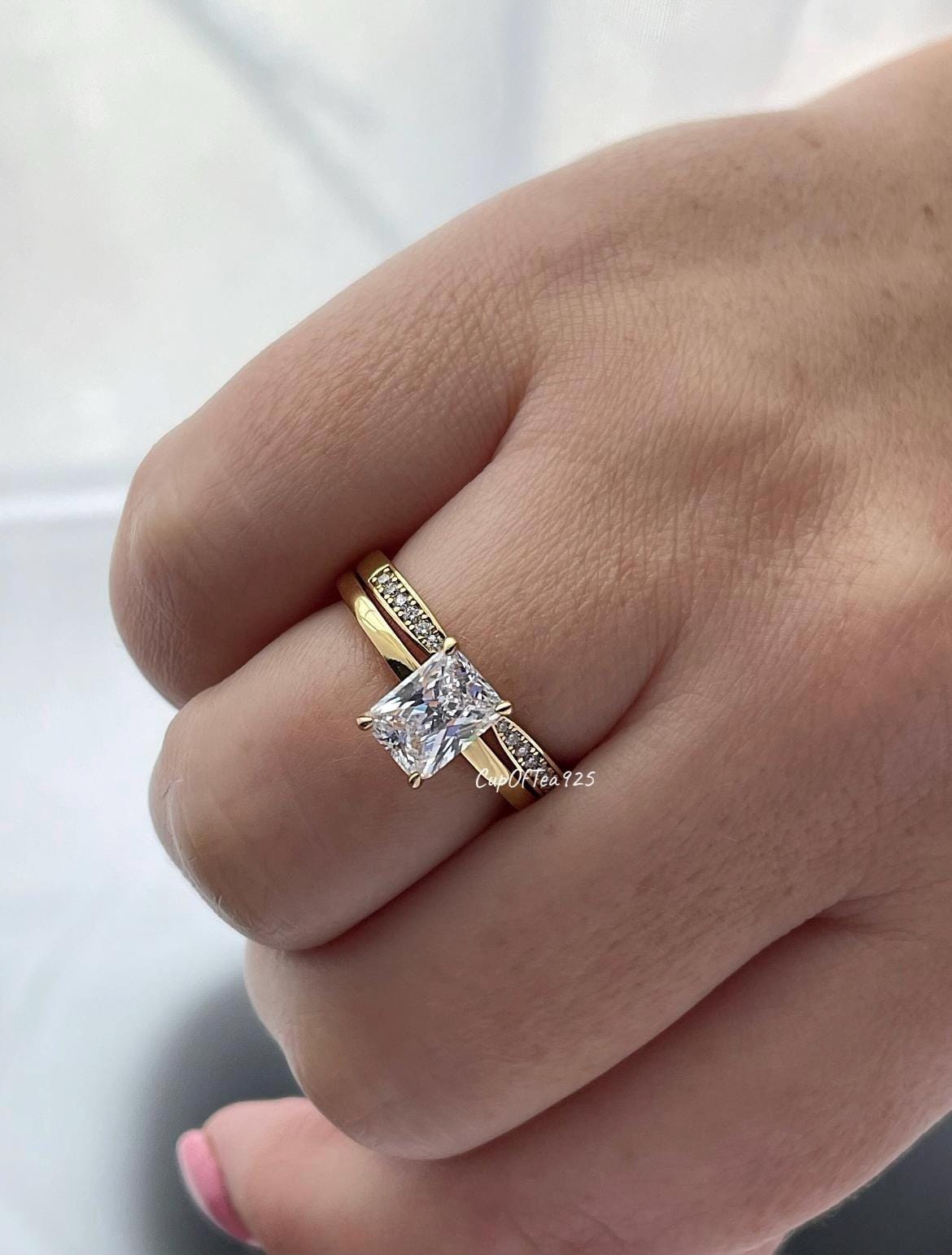 Yellow Gold over Sterling Silver Bridal Ring Set with 2CT Radiant Cut CZ & Moissanite Band
